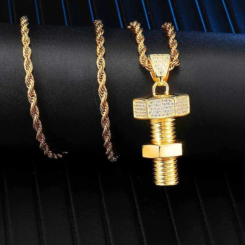 Rhinestone-Studded Gold-Plated Bolt and Screw Bling Hip-hop Pendant Necklace