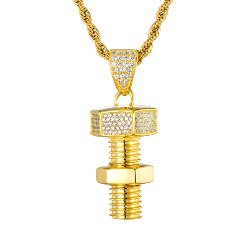 Rhinestone-Studded Gold-Plated Bolt and Screw Bling Hip-hop Pendant Necklace