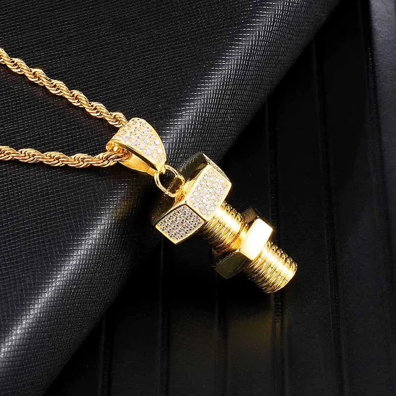 Rhinestone-Studded Gold-Plated Bolt and Screw Bling Hip-hop Pendant Necklace