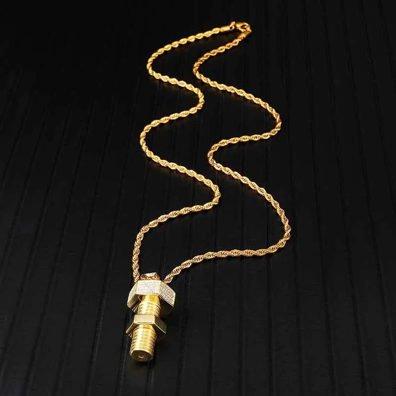 Rhinestone-Studded Gold-Plated Bolt and Screw Bling Hip-hop Pendant Necklace