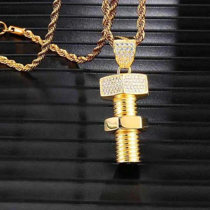 Rhinestone-Studded Gold-Plated Bolt and Screw Bling Hip-hop Pendant Necklace