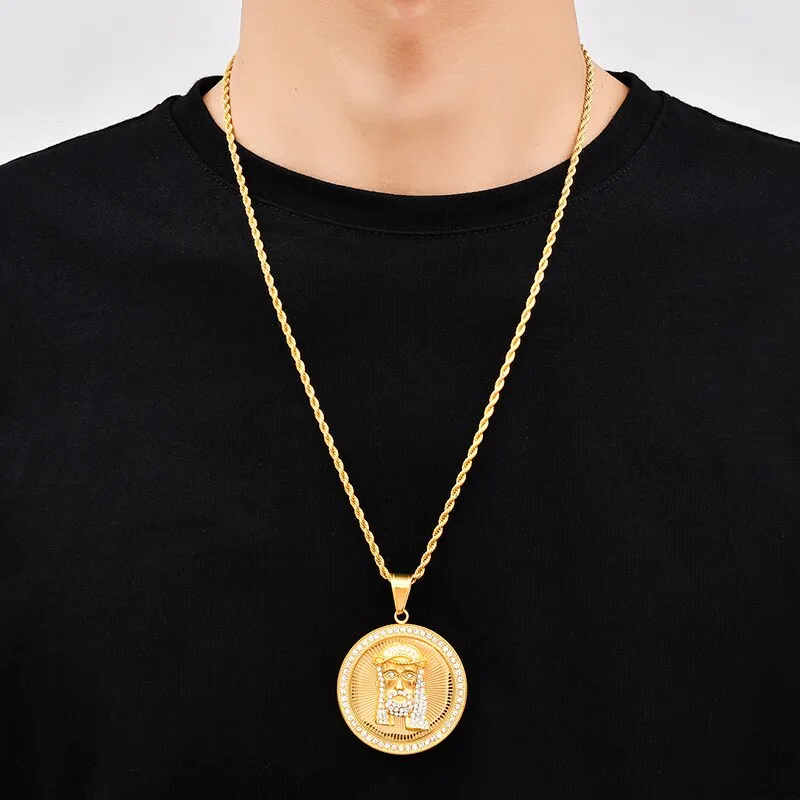 Rhinestone-Studded Jesus Bling Stainless Steel Hip-hop Pendant Necklace