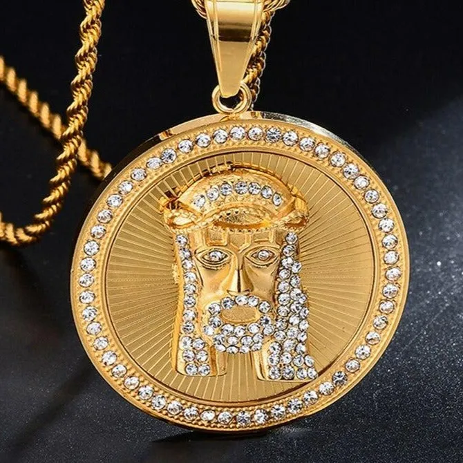 Rhinestone-Studded Jesus Bling Stainless Steel Hip-hop Pendant Necklace