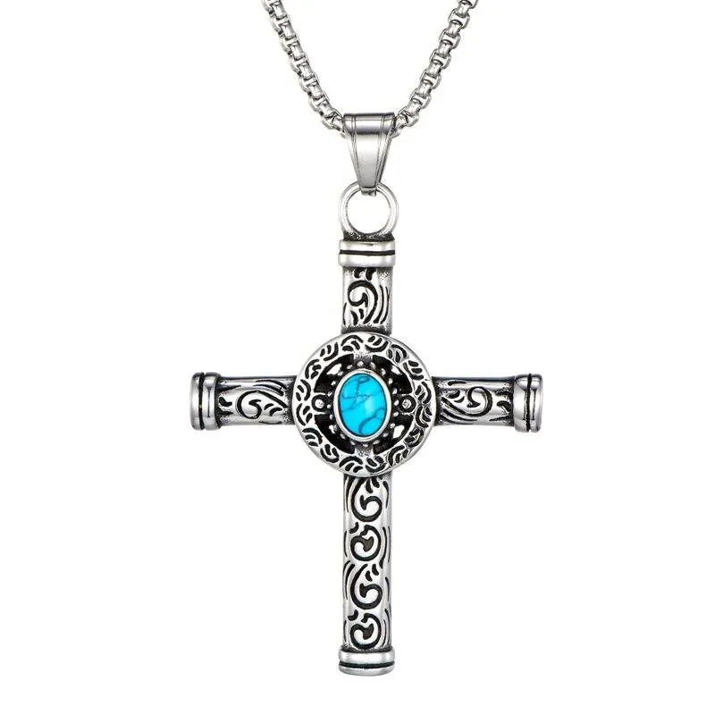 Rod Cross with Turquoise Stone and Tribal Design Necklace