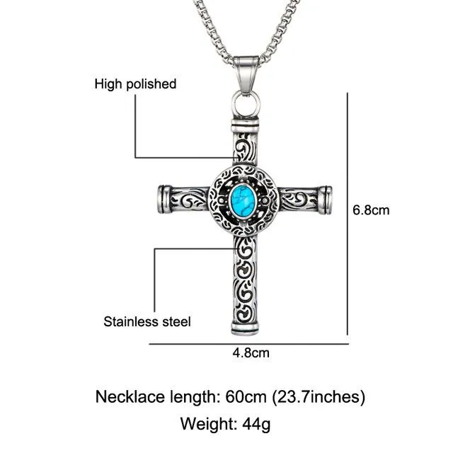 Rod Cross with Turquoise Stone and Tribal Design Necklace