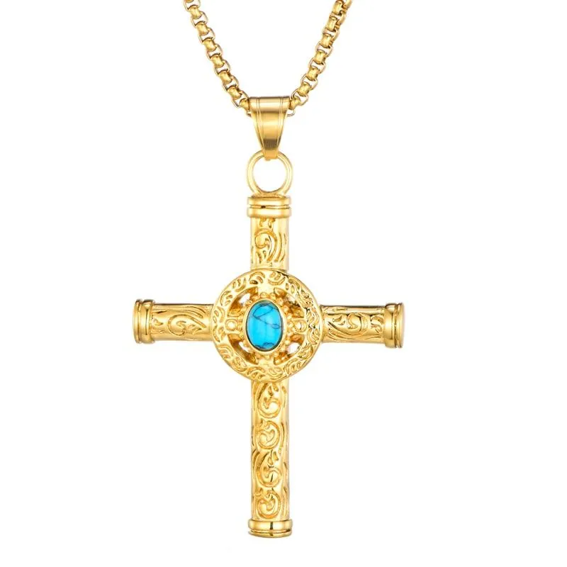 Rod Cross with Turquoise Stone and Tribal Design Necklace