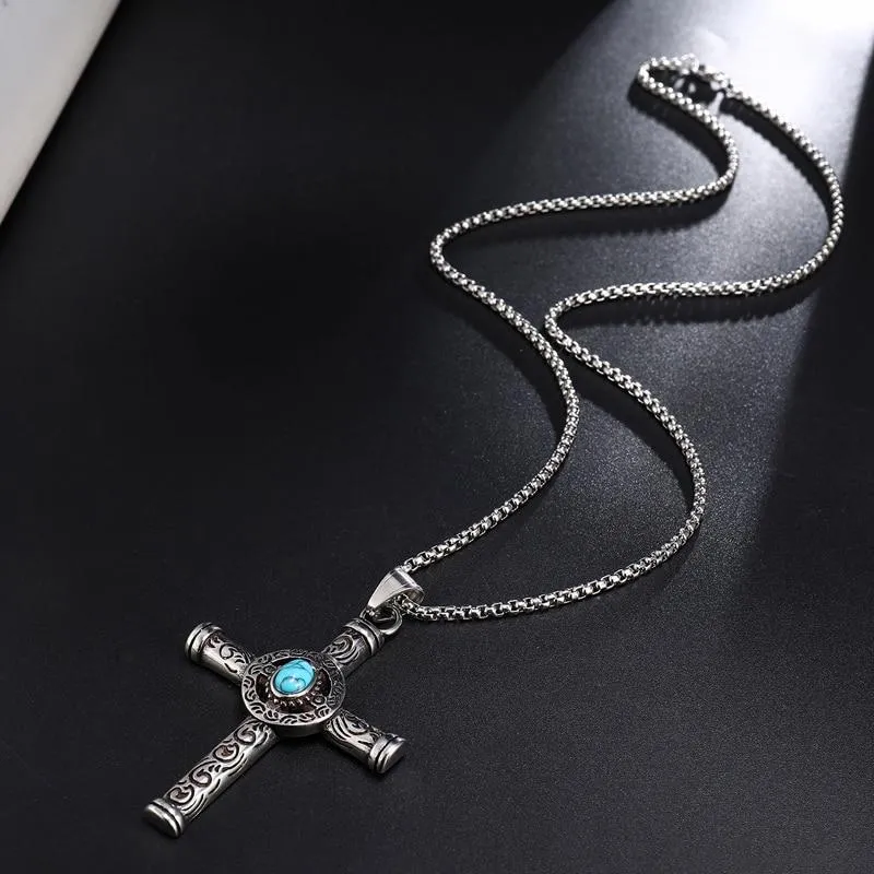 Rod Cross with Turquoise Stone and Tribal Design Necklace