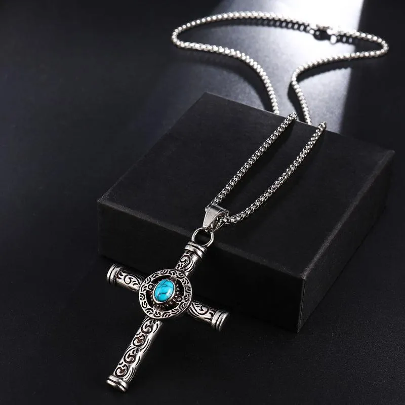 Rod Cross with Turquoise Stone and Tribal Design Necklace