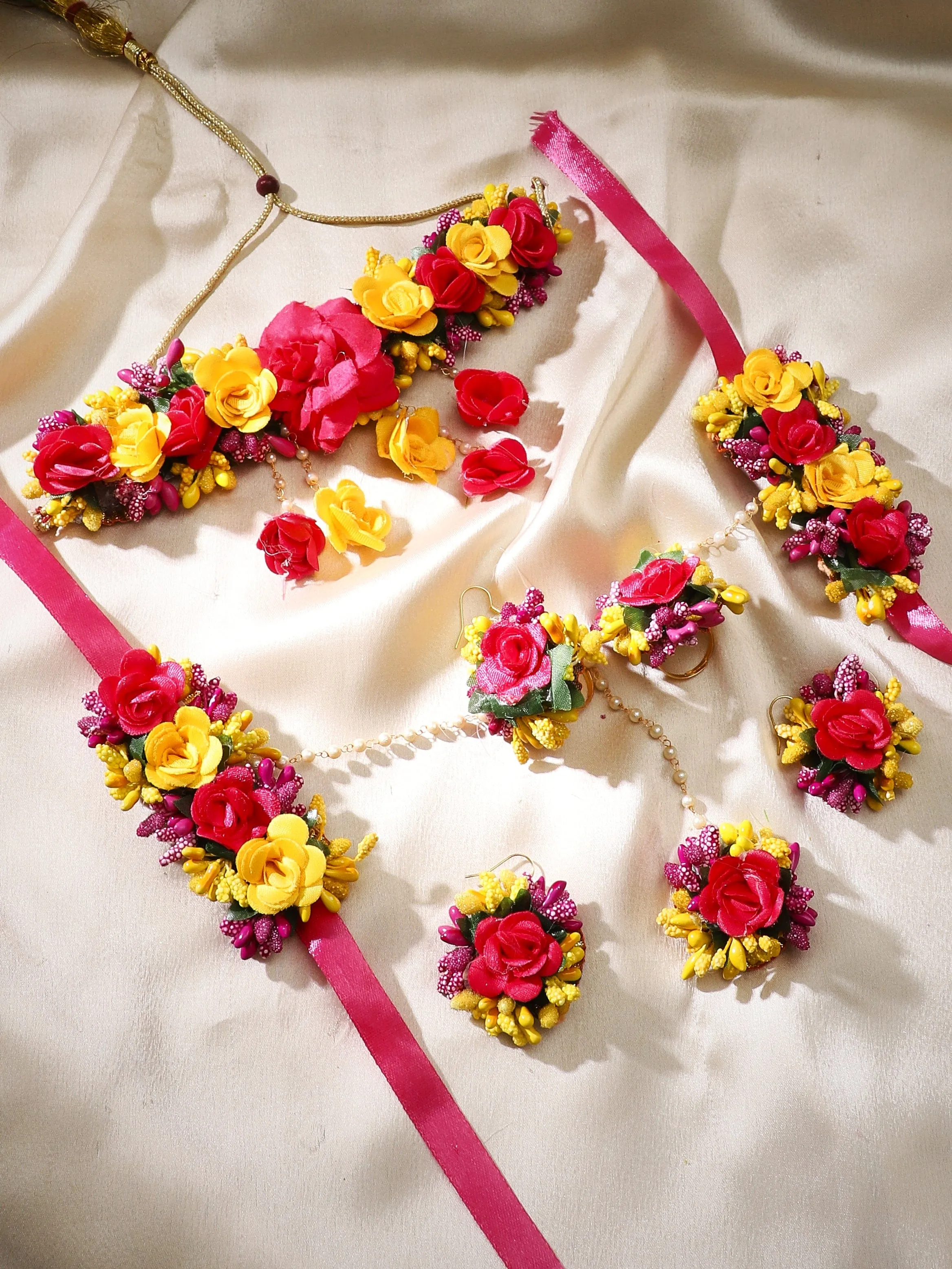 Rubans Floral Jewellery Set In Pink And Yellow Flowers For Haldi