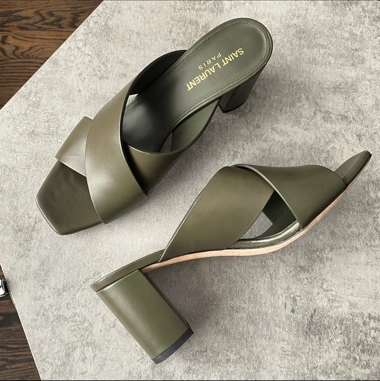 Saint Laurent Olive Green Criss Cross Sandals - 39 / 8.5