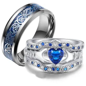 Silver Celtic Dragon Inlay and Blue Cubic Zirconia Claddagh Stainless Steel Wedding Bands