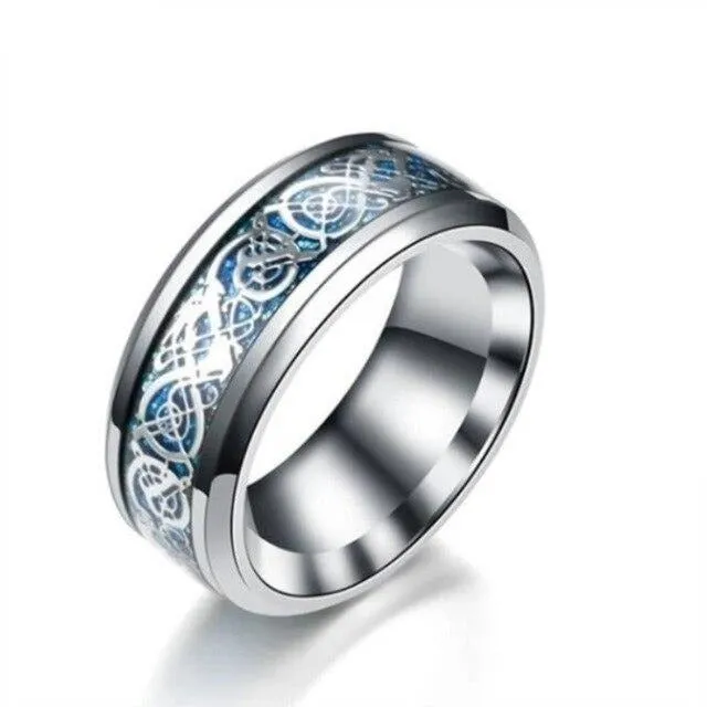 Silver Celtic Dragon Inlay and Blue Cubic Zirconia Claddagh Stainless Steel Wedding Bands