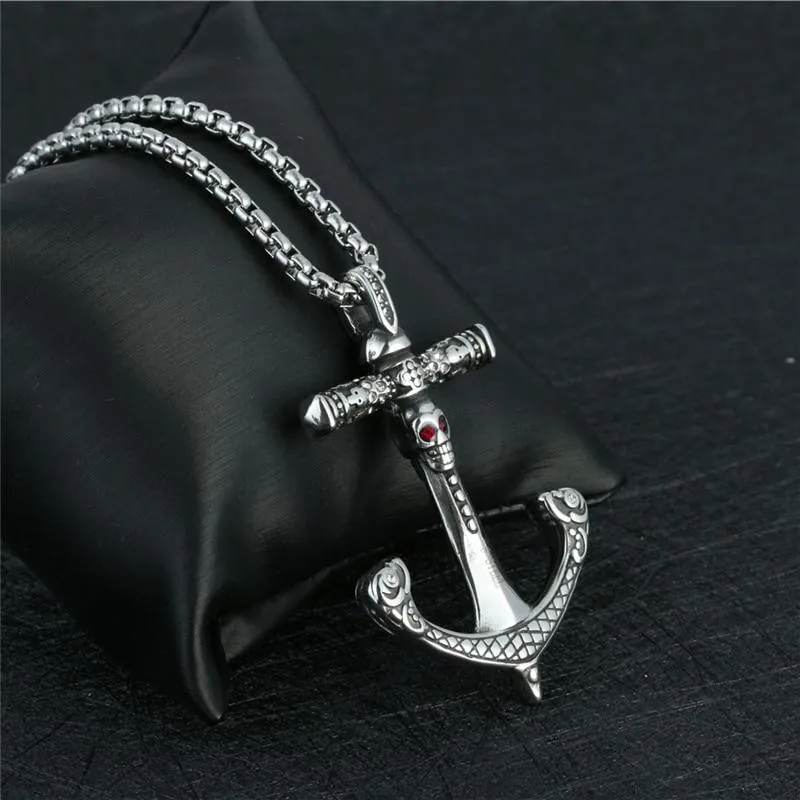 Silver Crystal Red-Eyed Skull Anchor Pendant Necklace