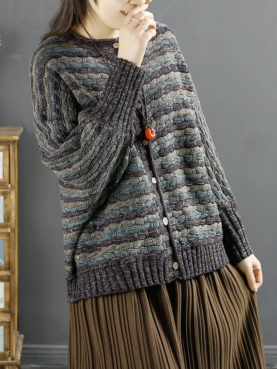 Spring Retro Cotton Knirred Stripe Casual Cardigan