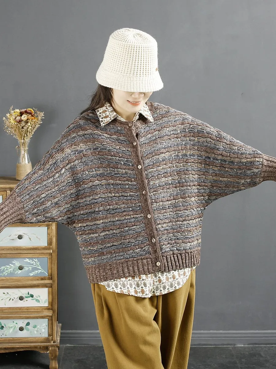 Spring Retro Cotton Knirred Stripe Casual Cardigan