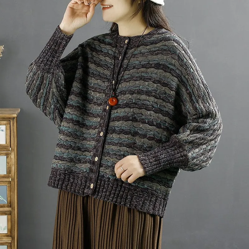 Spring Retro Cotton Knirred Stripe Casual Cardigan