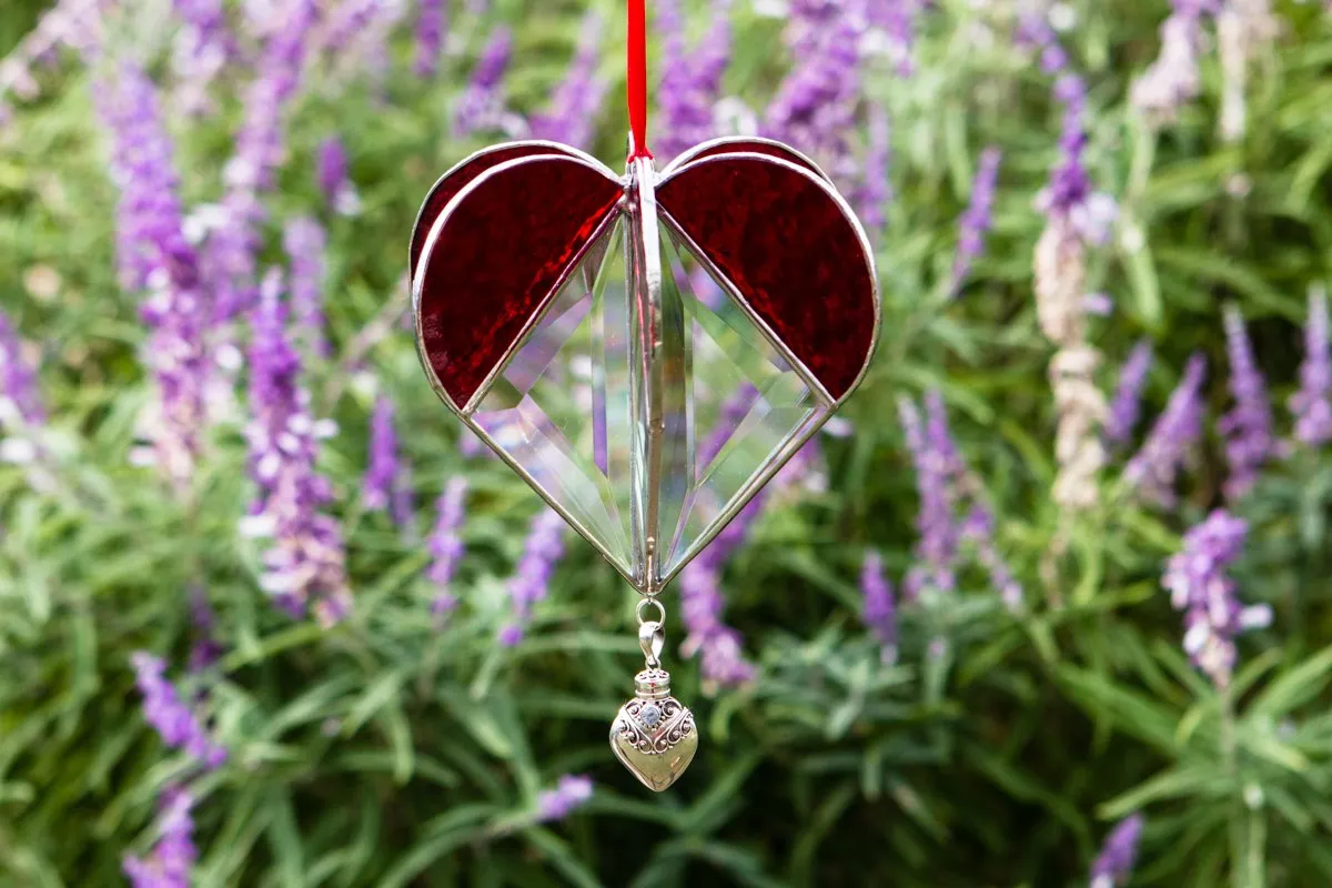 Stained Glass Heart Suncatcher with Silver Heart Keepsake Pendant