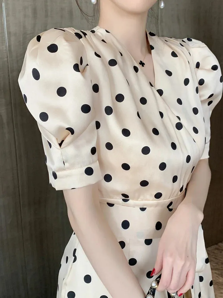 Summer Vintage Elegant Midi Dress Women Satin Polka Dot Puff Sleeve Belt Package Hip Slit Robe Office Party Street Vestido Mujer