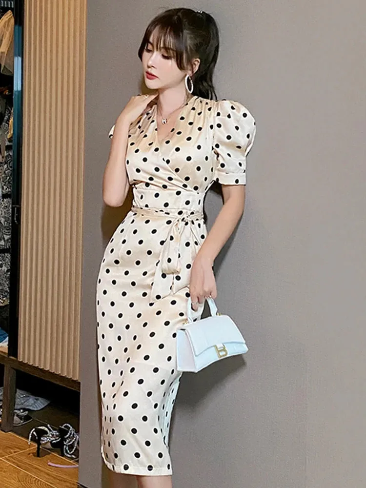 Summer Vintage Elegant Midi Dress Women Satin Polka Dot Puff Sleeve Belt Package Hip Slit Robe Office Party Street Vestido Mujer