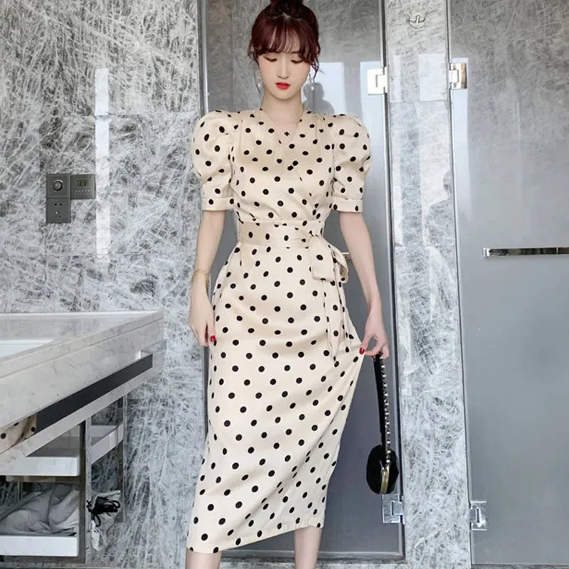 Summer Vintage Elegant Midi Dress Women Satin Polka Dot Puff Sleeve Belt Package Hip Slit Robe Office Party Street Vestido Mujer