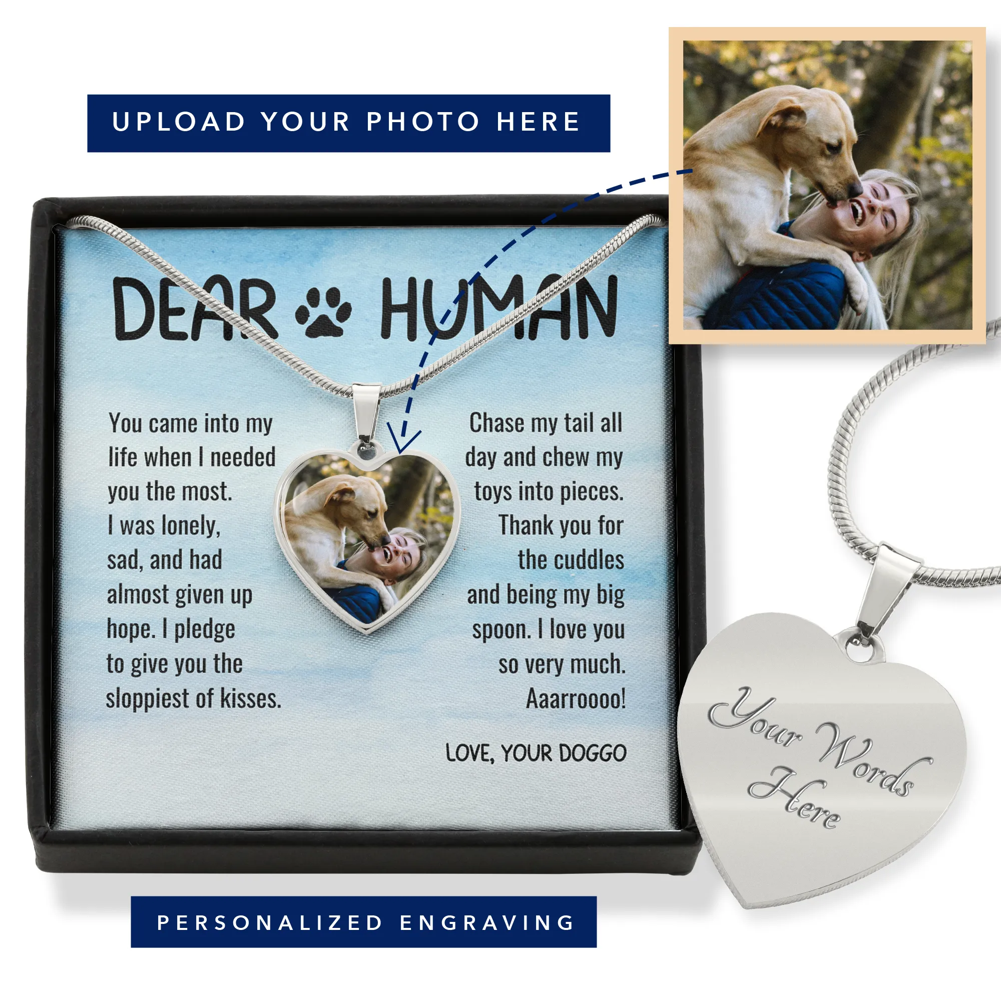 Thank You Dear Human Gratitude from Rescue Dog Adoption Custom Photo Heart Necklace