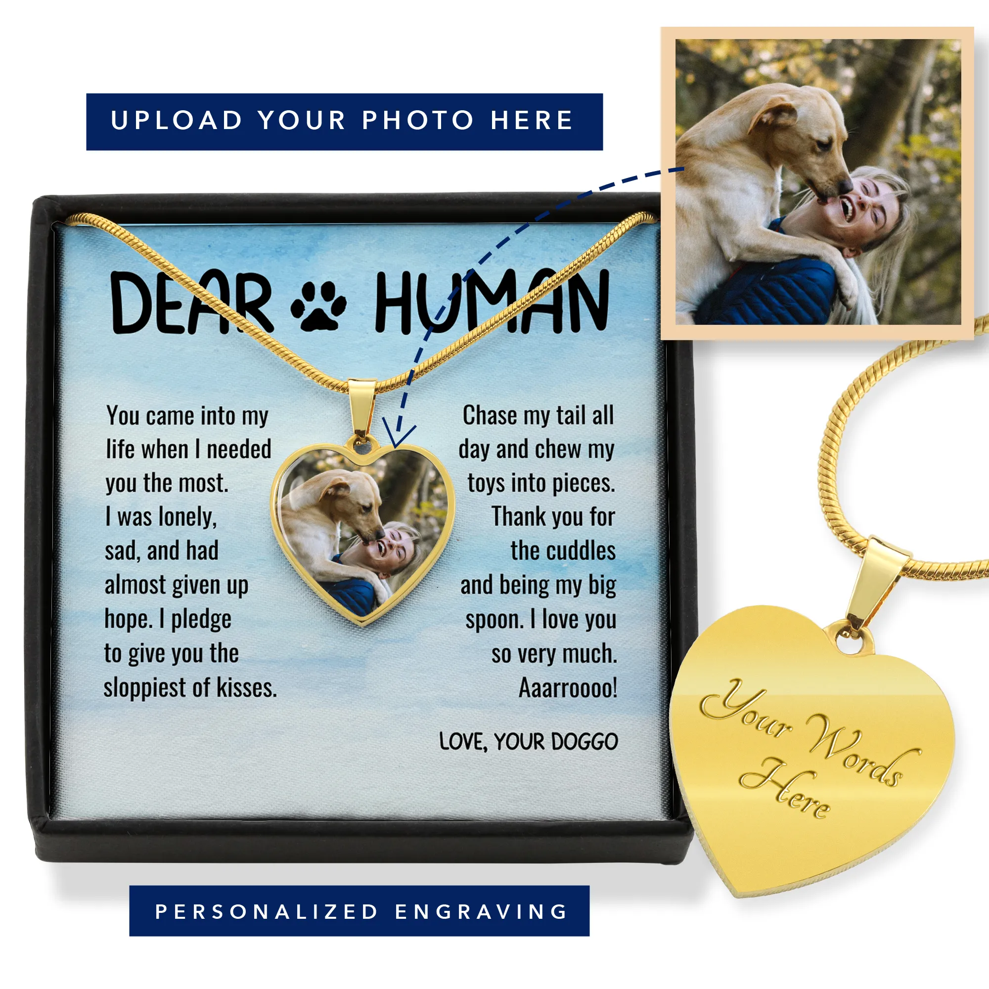 Thank You Dear Human Gratitude from Rescue Dog Adoption Custom Photo Heart Necklace