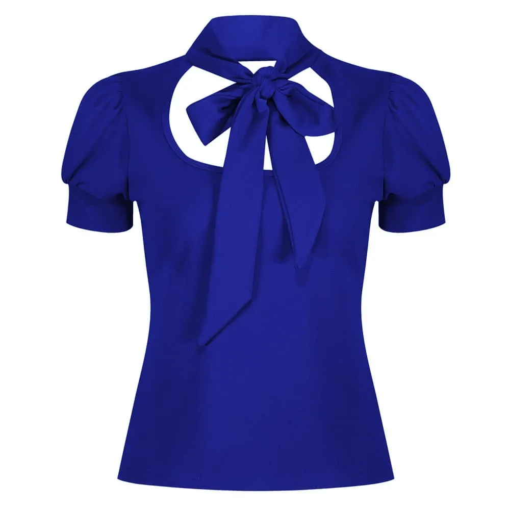 Vintage Royal Blue Puff Sleeve Tie Neck Top