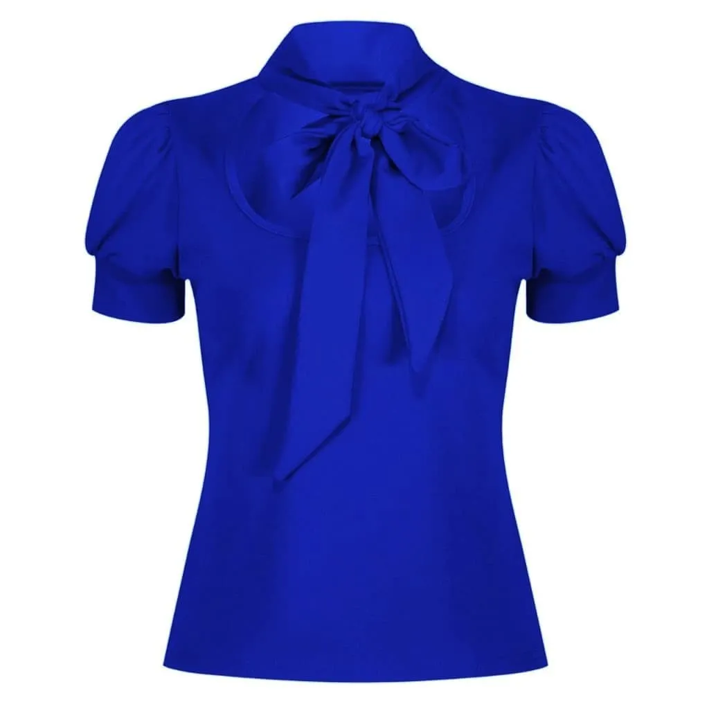 Vintage Royal Blue Puff Sleeve Tie Neck Top