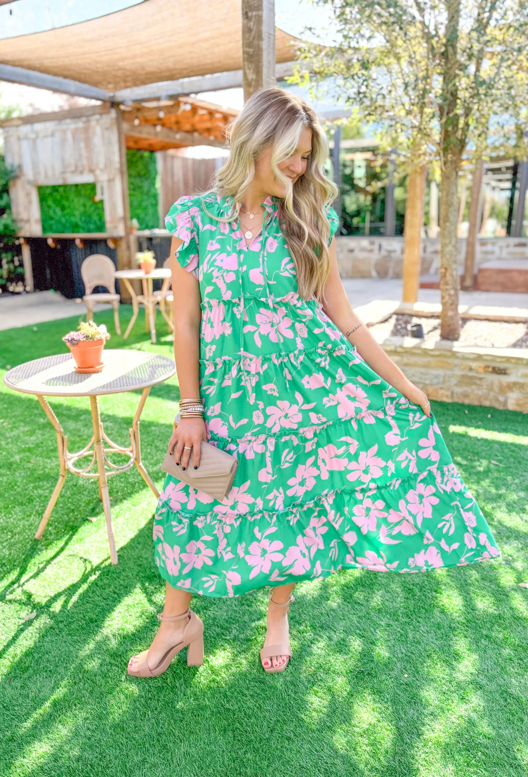 Warmer Weather Floral Midi Dress in Green